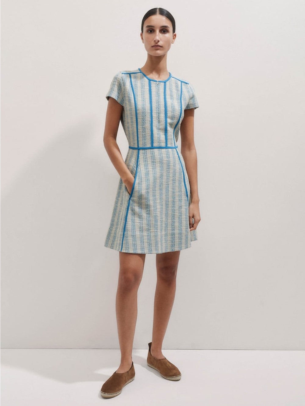 ME+EM Textured Stripe Short Dress Blue Topaz Size 0